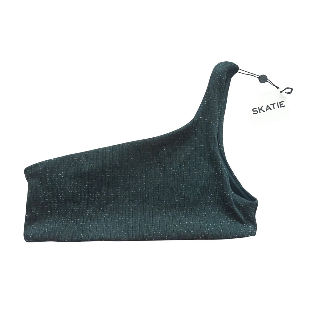 NWT SKATIE Ellis Bikini Top Green Gold Sparkle One Shoulder Womens Small